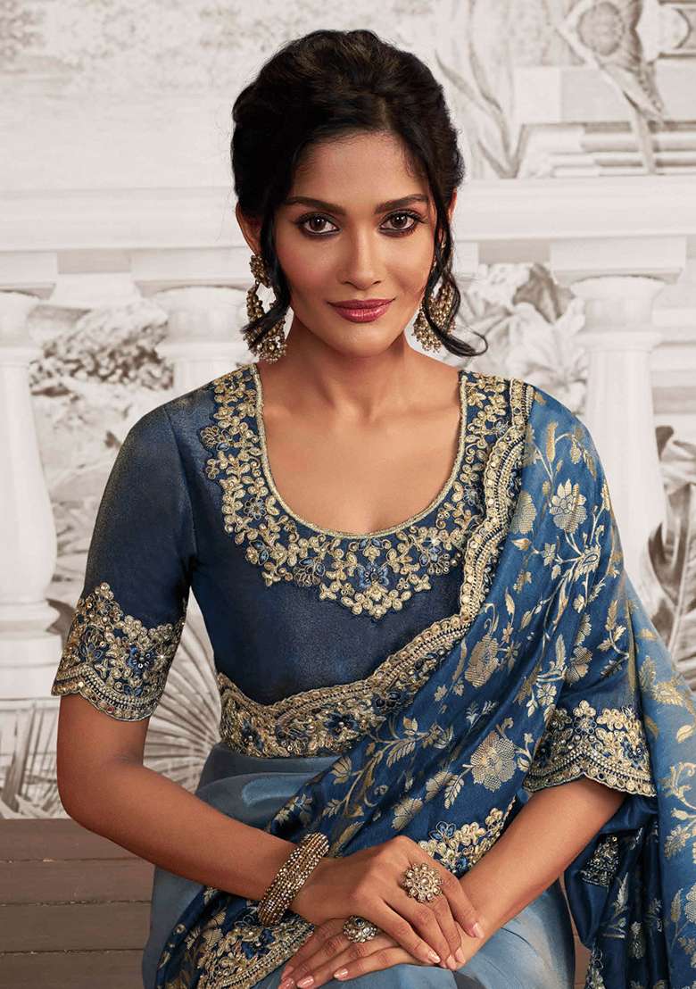 Blue Embroidered Silk Blend Saree Set - Indya